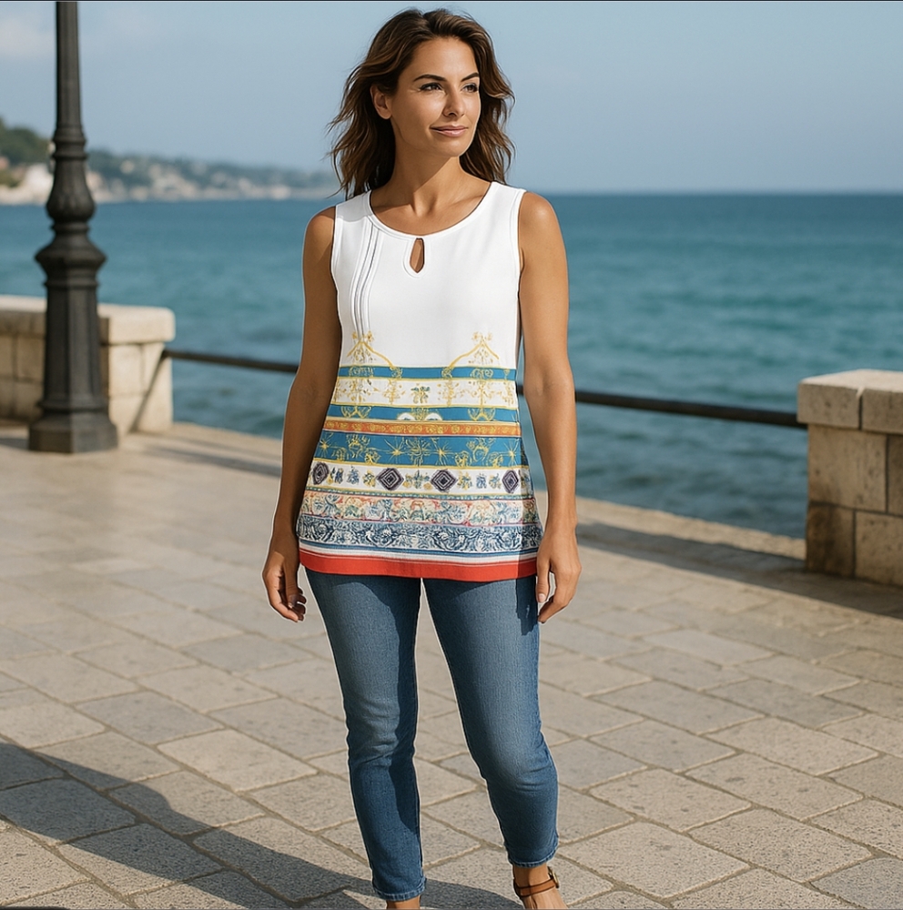 Imara Sleeveless White w/ Yellow, Green & Red Design Blouse